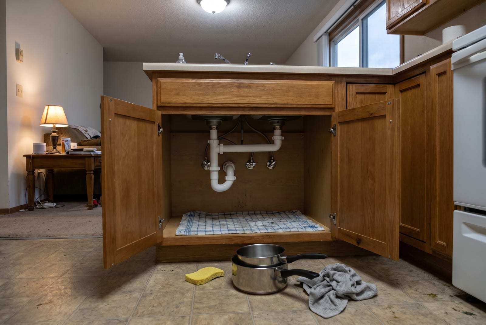 New drain trap and shut-off valves under a kitchen sink, the cabinet doors open