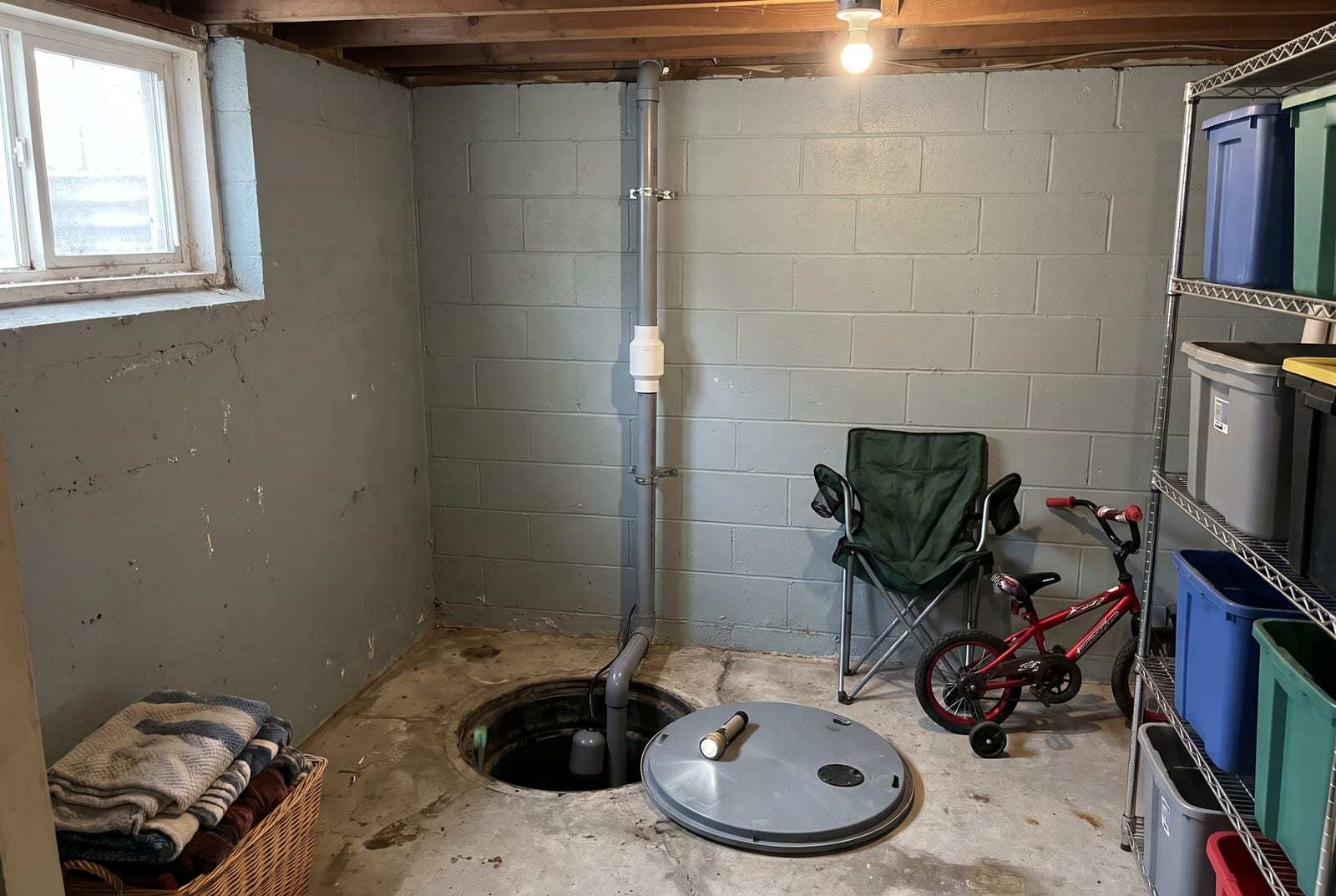 Basement corner with the sump pit lid set aside and the discharge pipe rising up the block wall