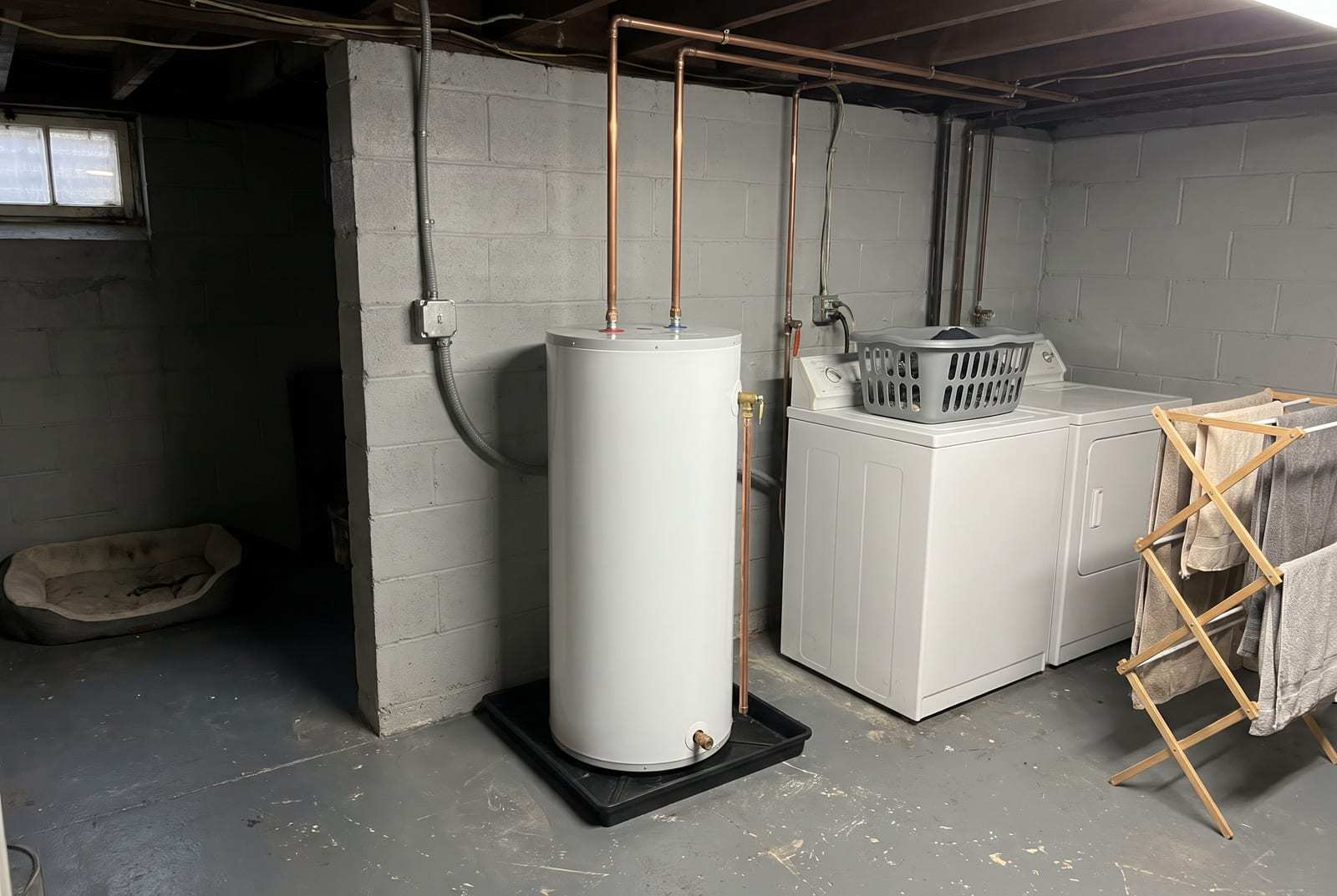 Electric tank water heater on a drain pan beside a washer and dryer in a basement