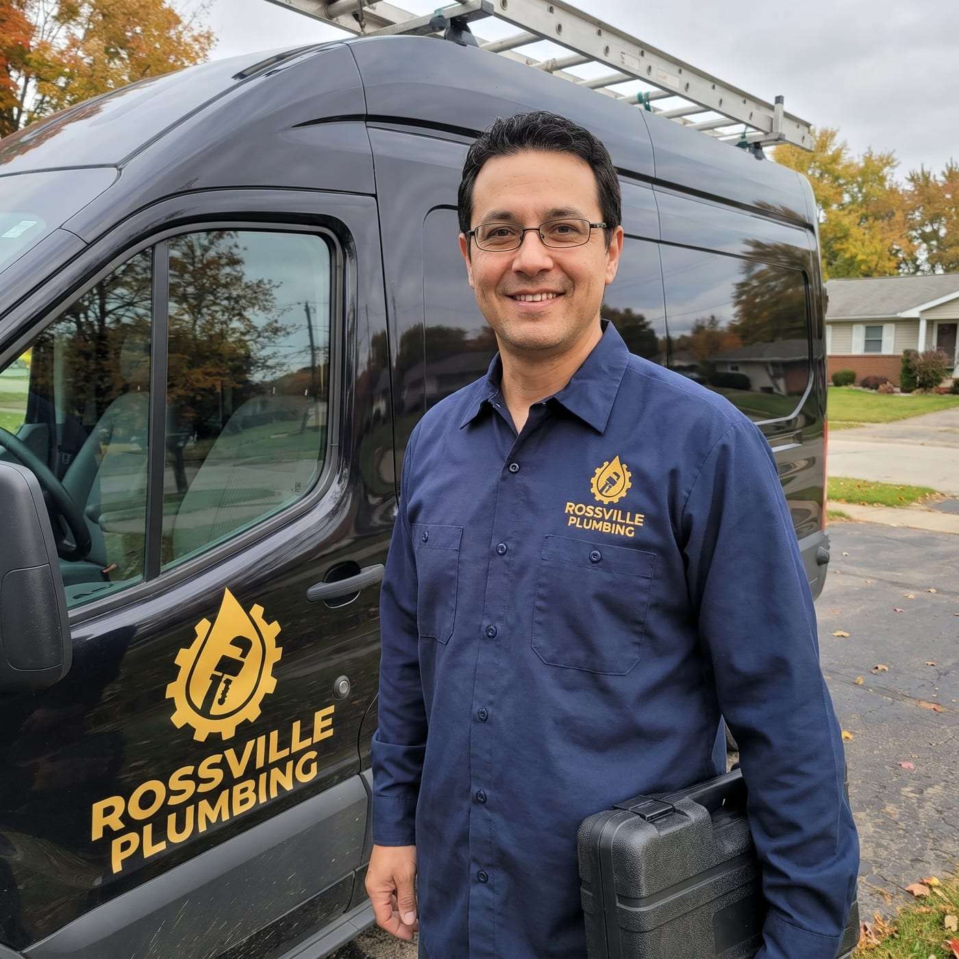 Nixon Bowen in a navy work shirt with the company logo, holding a tool case beside the van door